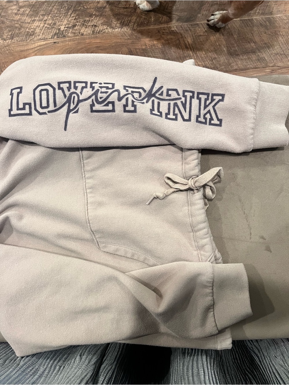 PINK Victoria's Secret Beige Drawstring Hoodie with Sleeve Logo - Picture 4 of 6